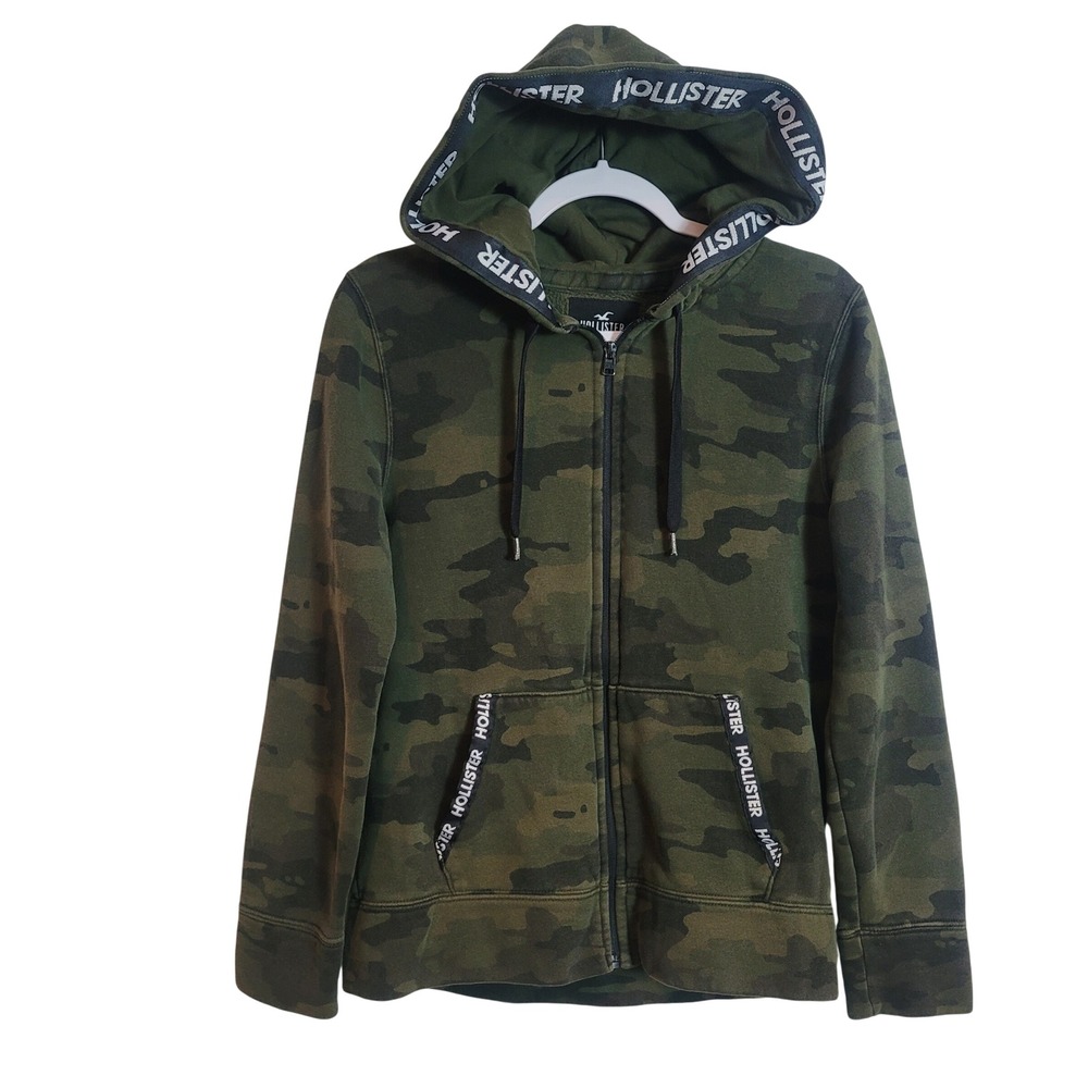 Hollister Womens Camo Zip Up Hoodie Green‎ Camouflage Logo Tape XS Fleece Pocket
